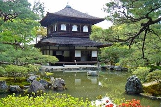 View of a pond and Ginkakuji temple in the Kansai region