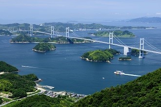 View of the Kurushima-Kaikyō Bridge over the Seto Inland Sea in the Seibu Region
