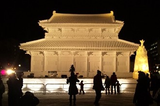 Photo of the famous Sapporo Snow Festival at night.